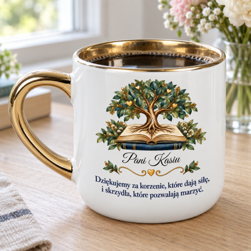 Biały kubek Elegant 400 ml z imieniem i podziękowaniem dla wychowawcy lub nauczyciela w aranżacji na naturalnym tle