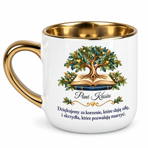 Biały kubek Elegant 400 ml z imieniem dla wychowawcy i drzewem wyrastającym z książki – widok z lewej strony