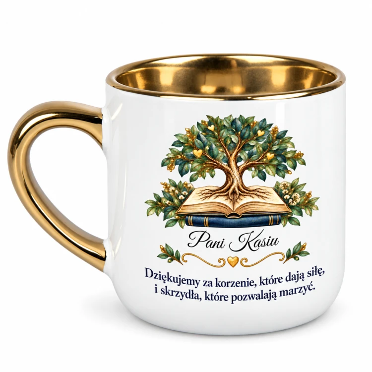 Biały kubek Elegant 400 ml z imieniem dla wychowawcy i drzewem wyrastającym z książki – widok z lewej strony