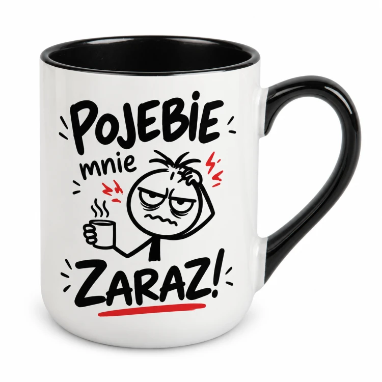 Kubek Alex 330 ml z czarnym uchem po prawej, ludzikiem i napisem „Pojebie mnie zaraz!”