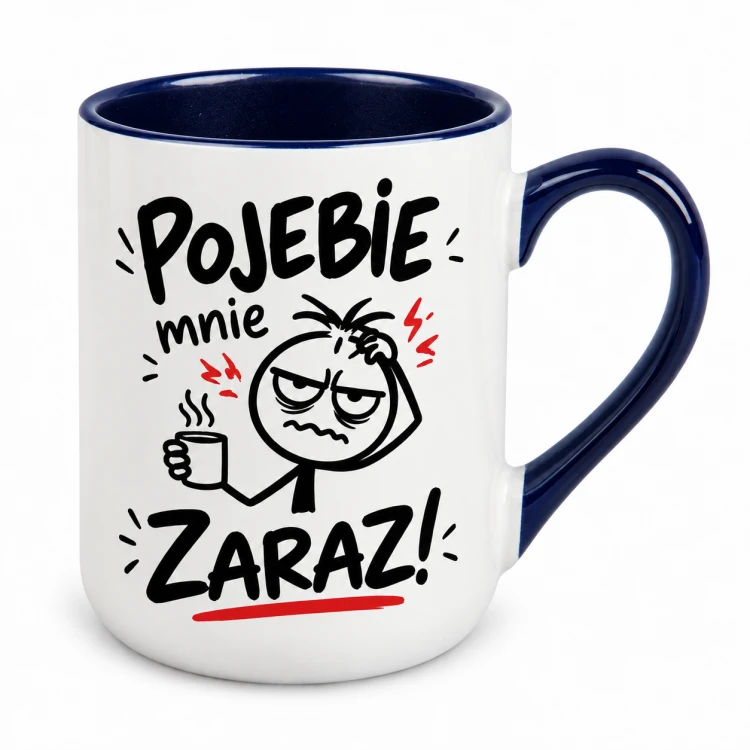Kubek Alex „Pojebie mnie zaraz!” z granatowym uchem i wnętrzem