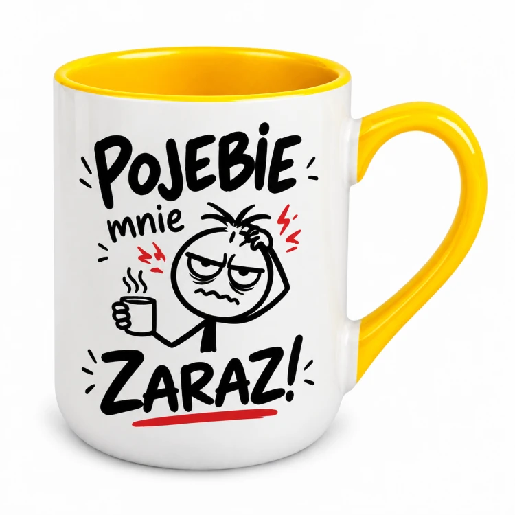 Kubek Alex „Pojebie mnie zaraz!” z żółtym uchem i wnętrzem