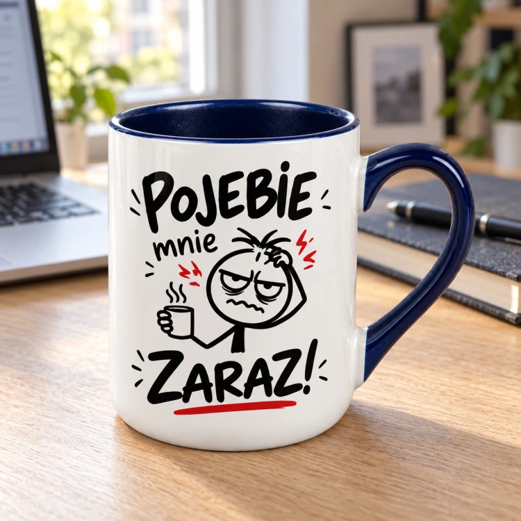 Kubek Alex „Pojebie mnie zaraz!” z granatowym uchem na drewnianym biurku obok laptopa