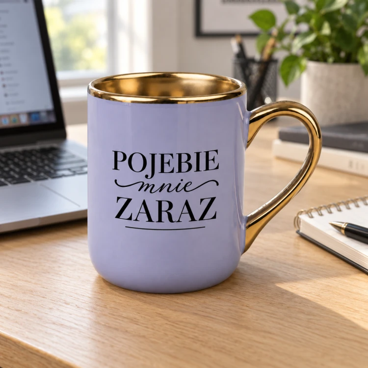 Fioletowy kubek Elegant 330 ml z napisem „Pojebie mnie zaraz” i złotymi detalami na tle aranżacji