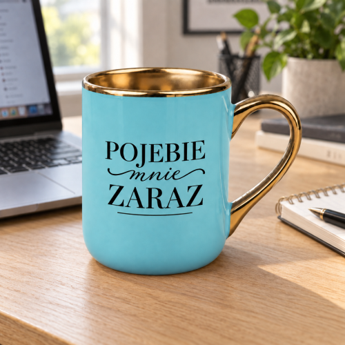 Jasnoniebieski kubek Elegant 330 ml z napisem „Pojebie mnie zaraz” i złotymi detalami na tle aranżacji