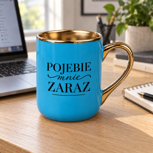 Niebieski kubek Elegant 330 ml z napisem „Pojebie mnie zaraz” i złotymi detalami na tle aranżacji