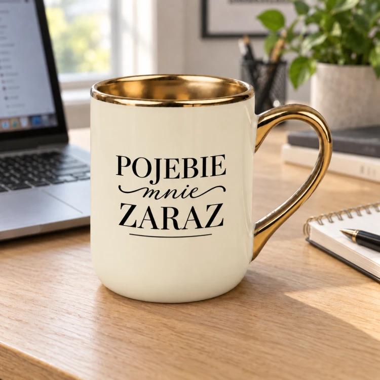 Kremowy kubek Elegant 330 ml z napisem „Pojebie mnie zaraz” i złotymi detalami na tle aranżacji