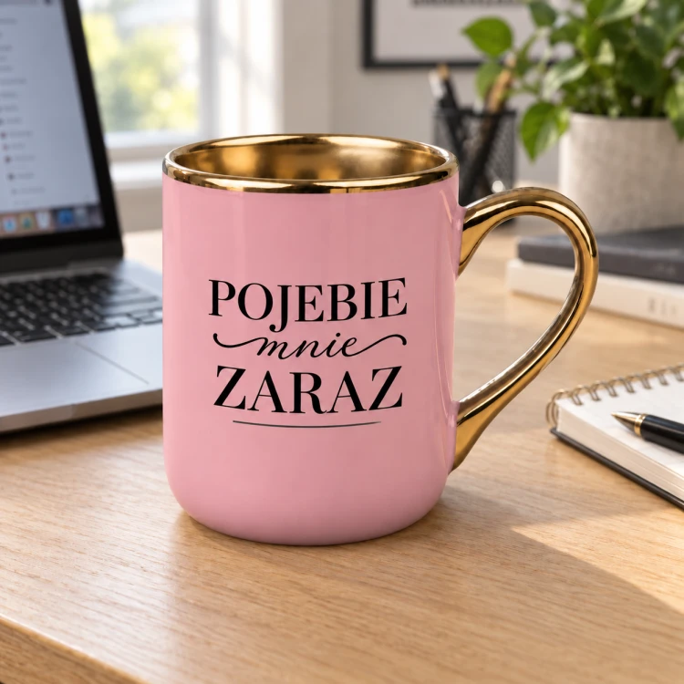 Różowy kubek Elegant 330 ml ze złotym rantem, wzór z napisem „Pojebie mnie zaraz” – prawa strona