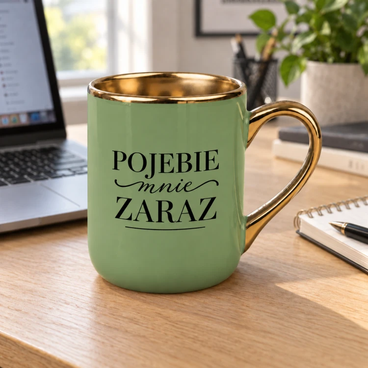 Zielony kubek Elegant 330 ml z napisem „Pojebie mnie zaraz” i złotymi detalami na tle aranżacji