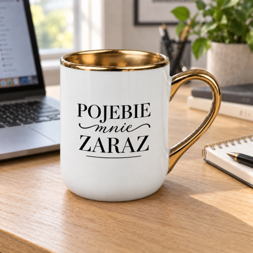 Biały kubek Elegant 330 ml z napisem „Pojebie mnie zaraz” i złotymi detalami na tle aranżacji