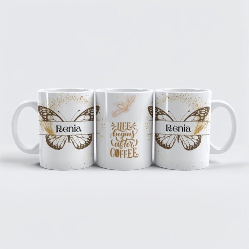 Kubek ceramiczny 330 ml Life begins after coffee ze złotym napisem