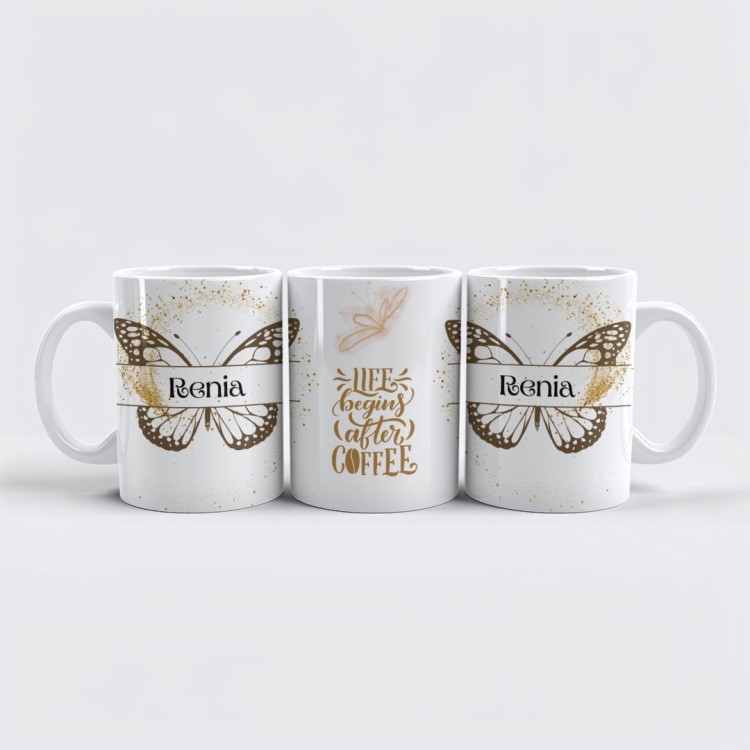 Kubek ceramiczny 330 ml Life begins after coffee ze złotym napisem