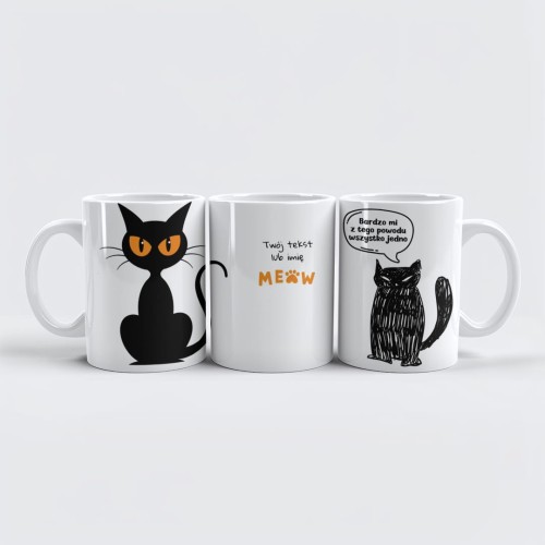 kubek z czarnym kotem i zabawnym napisem MEOW