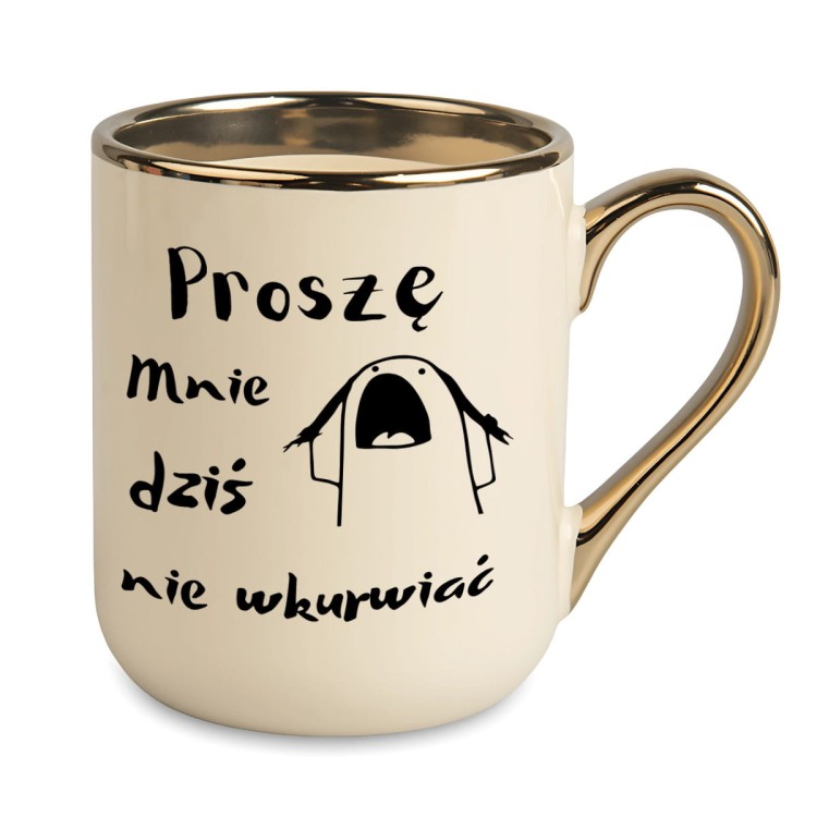 kubek "Proszę mnie dziś nie wkurwiać", czarna grafika z postacią i miejscem na personalizację