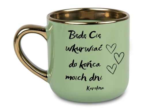 Personalizowany kubek zielony z zabawnym napisem i złotymi detalami
