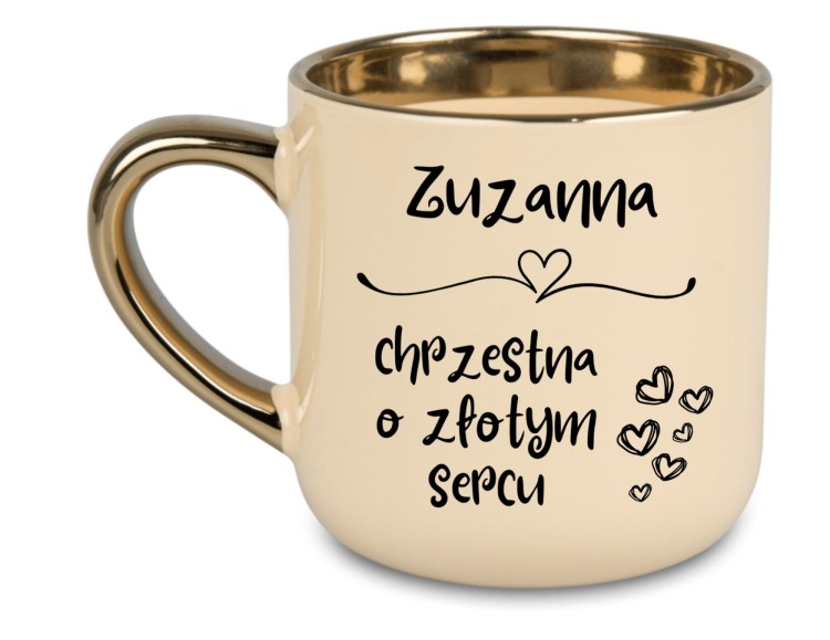 Kremowy kubek 400 ml z złotym uchem i napisem "Chrzestna o Złotym Sercu"