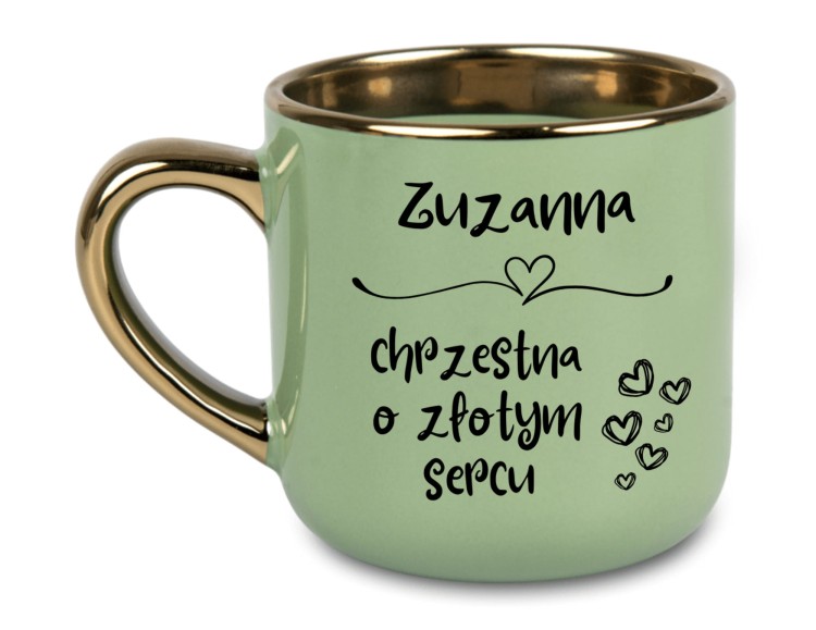 Zielony kubek 400 ml z złotym uchem i napisem "Chrzestna o Złotym Sercu" – personalizowany prezent