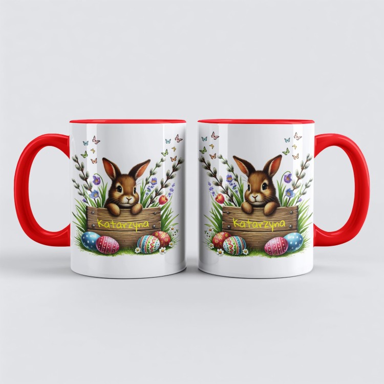 Kubek z zajączkiem i personalizowaną tabliczką z imieniem – świąteczny design