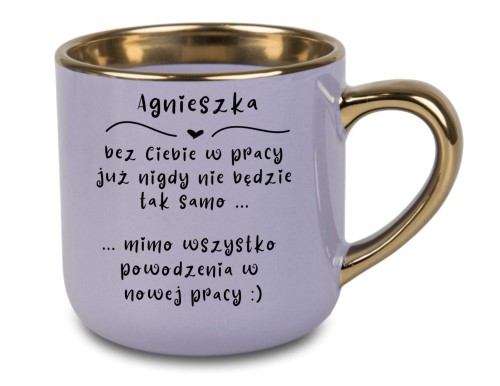Kubek z dedykacją na odejście z pracy – fioletowy z złotym uchem