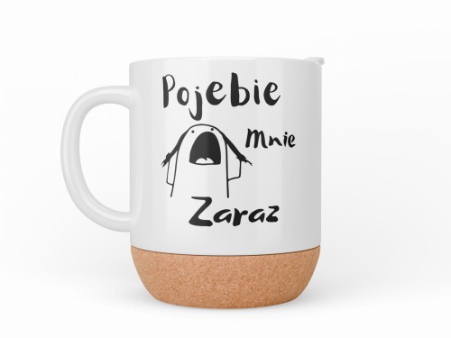 Kubek z napisem Pojebie mnie zaraz i ilustracją postaci w stylu komiksowym