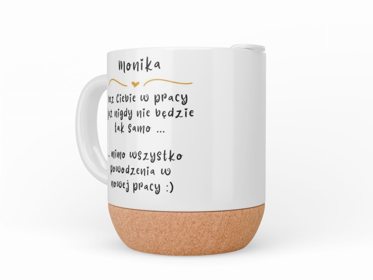 Kubek z życzeniami powodzenia w nowej pracy i imieniem na froncie