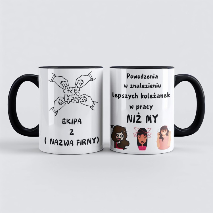 Czarny kubek z napisem powodzenia w znalezieniu lepszych koleżanek w pracy