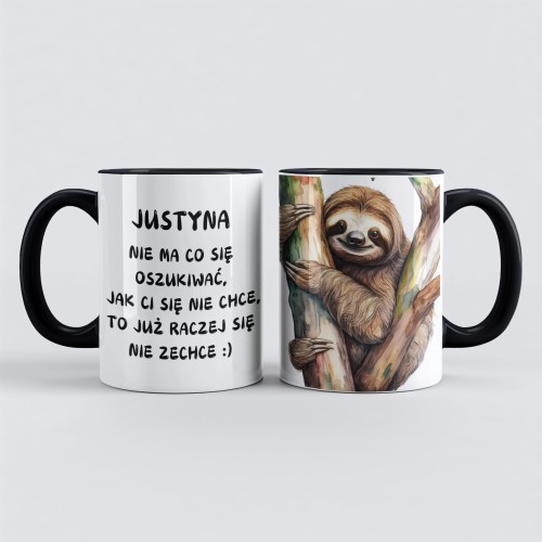 Czarny personalizowany kubek ze śmiesznym napisem dla leniucha