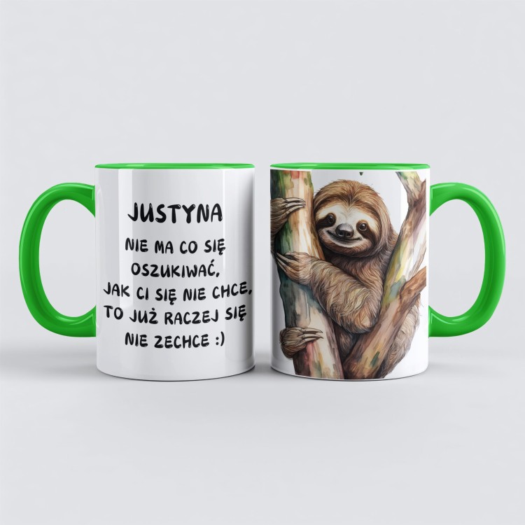 Zielony personalizowany kubek ze śmiesznym napisem dla leniucha