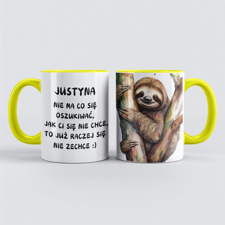 Żółty personalizowany kubek ze śmiesznym napisem dla leniucha