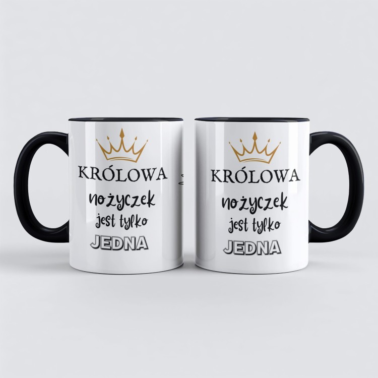 Czarny kubek dla fryzjerki z napisem królowa nożyczek jest tylko jedna