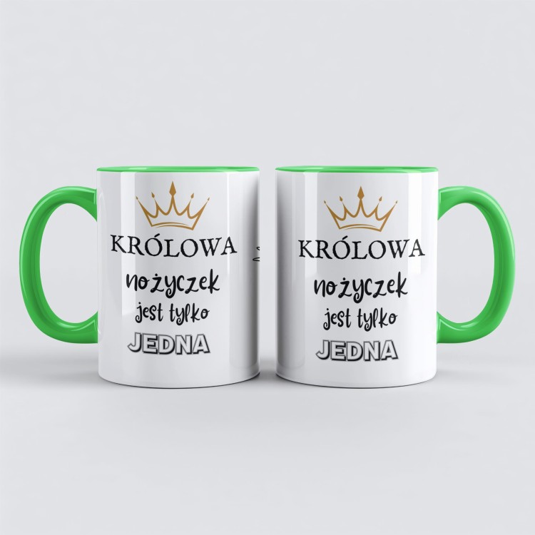 Zielony kubek dla fryzjerki z napisem królowa nożyczek jest tylko jedna