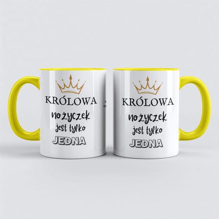 Żółty kubek dla fryzjerki z napisem królowa nożyczek jest tylko jedna