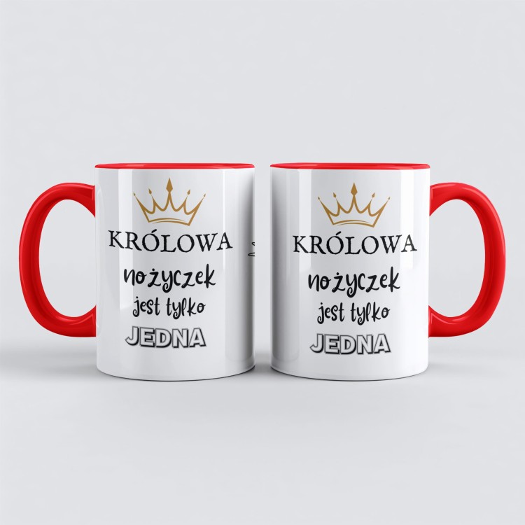 Czerwony kubek dla fryzjerki z napisem królowa nożyczek jest tylko jedna