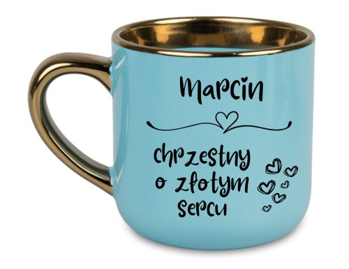 Niebieski personalizowany kubek dla chrzestnego z imieniem Marcin i złotym uchem