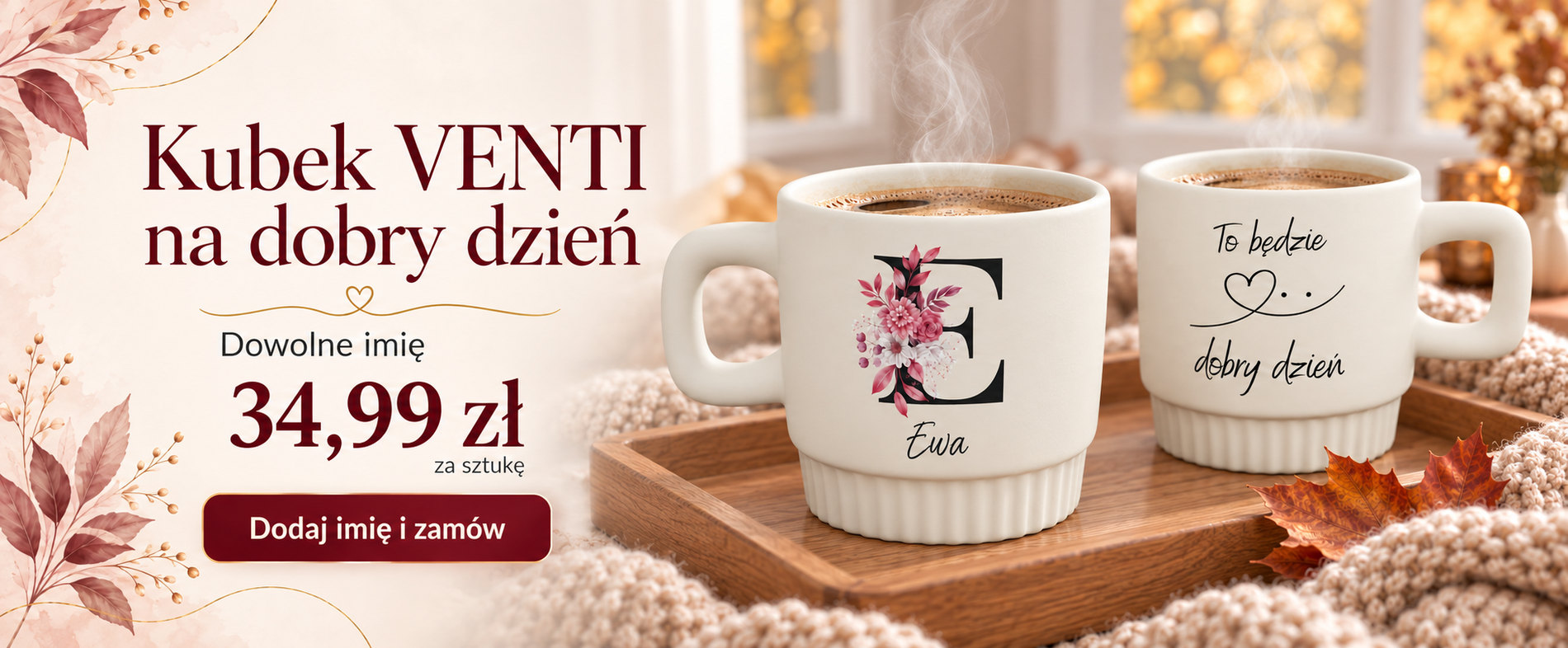 alt="Matowy kubek VENTI z inicjałem i dowolnym imieniem w jesiennej aranżacji – 34,99 zł za sztukę"